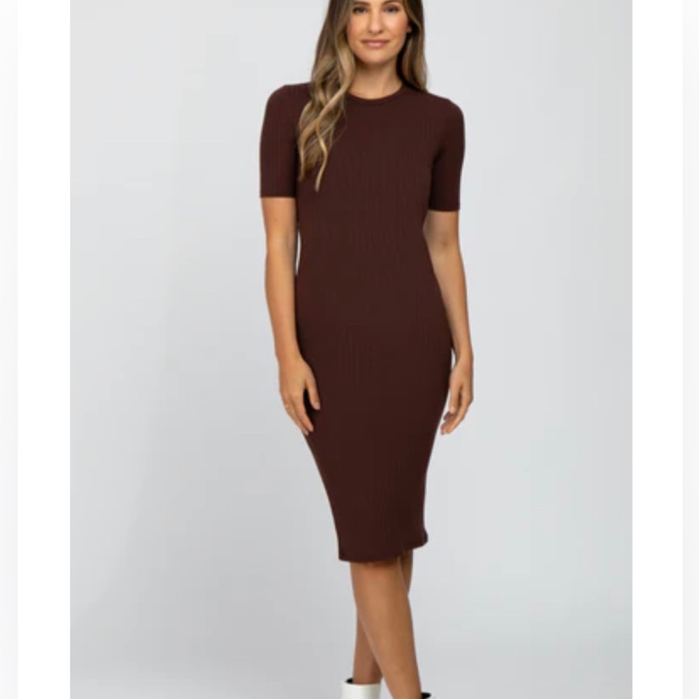 PinkBlush- Brown Ribbed Fitted midi dress